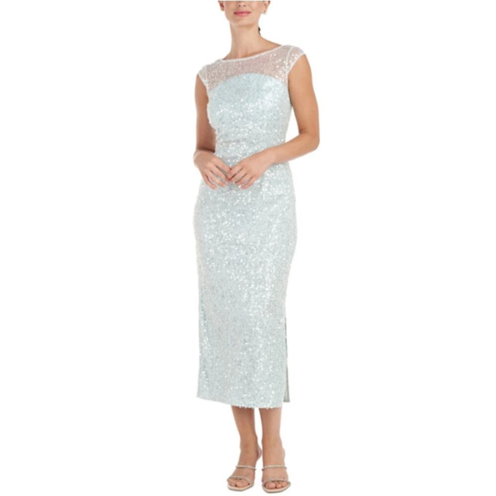 New JS COLLECTIONS Women's Aqua Cap Sleeve Midi Evening Sheath Dress Size 8